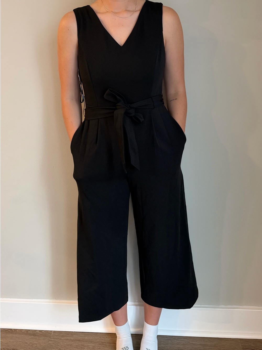 Calvin Klein Black Sleeveless V-Neck Tie-Waist Cropped Jumpsuit